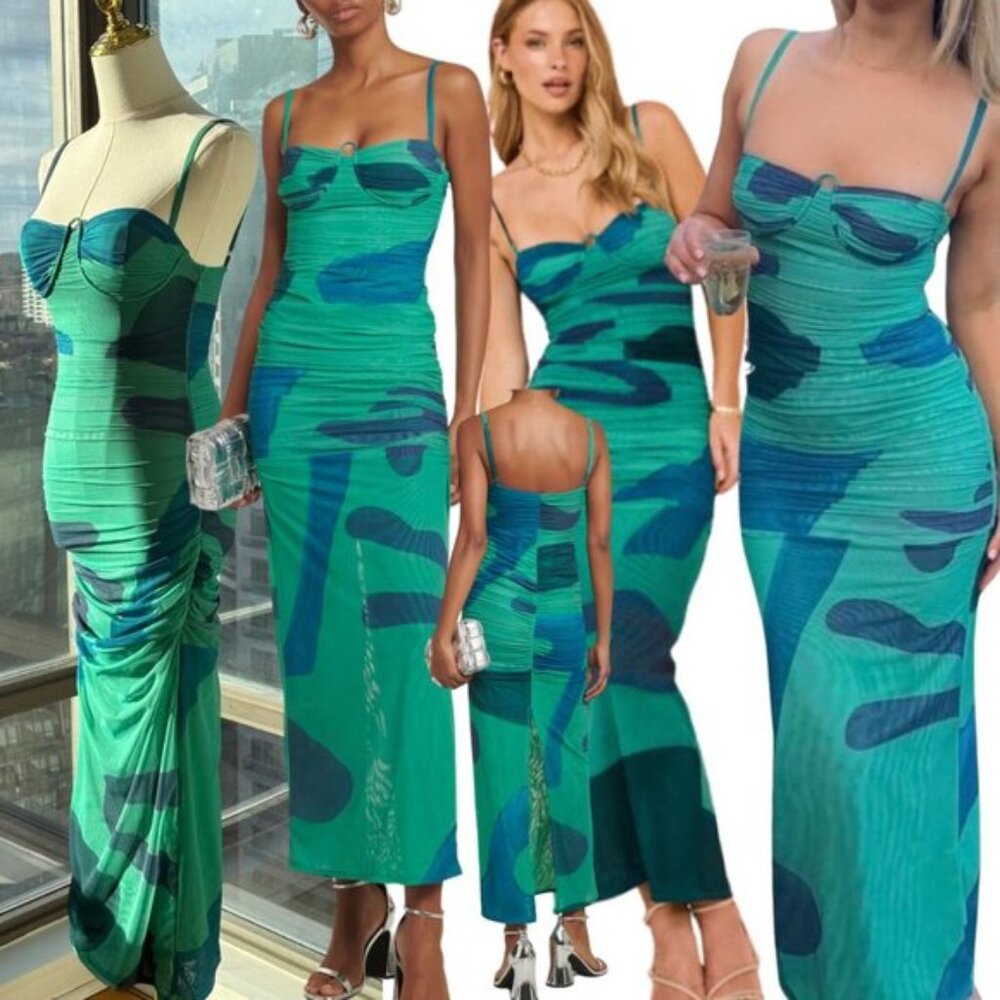 🆕 SIR THE LABEL 🧿NWOT Frankie Ruched Midi Dress, Emerald Reflection- Sz O /XXS